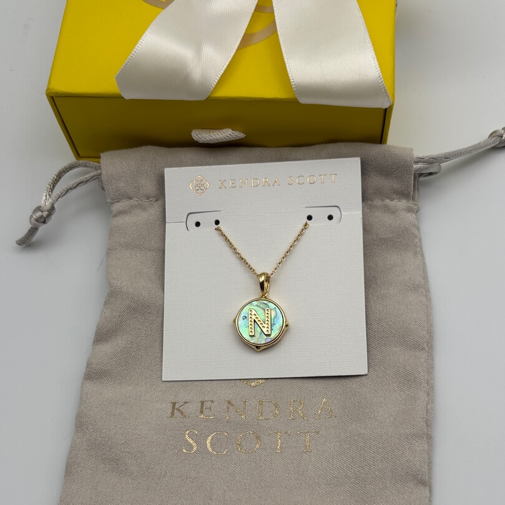 Kendra Scott Gold Necklace with Turquoise Green Initial 'N' Pendant